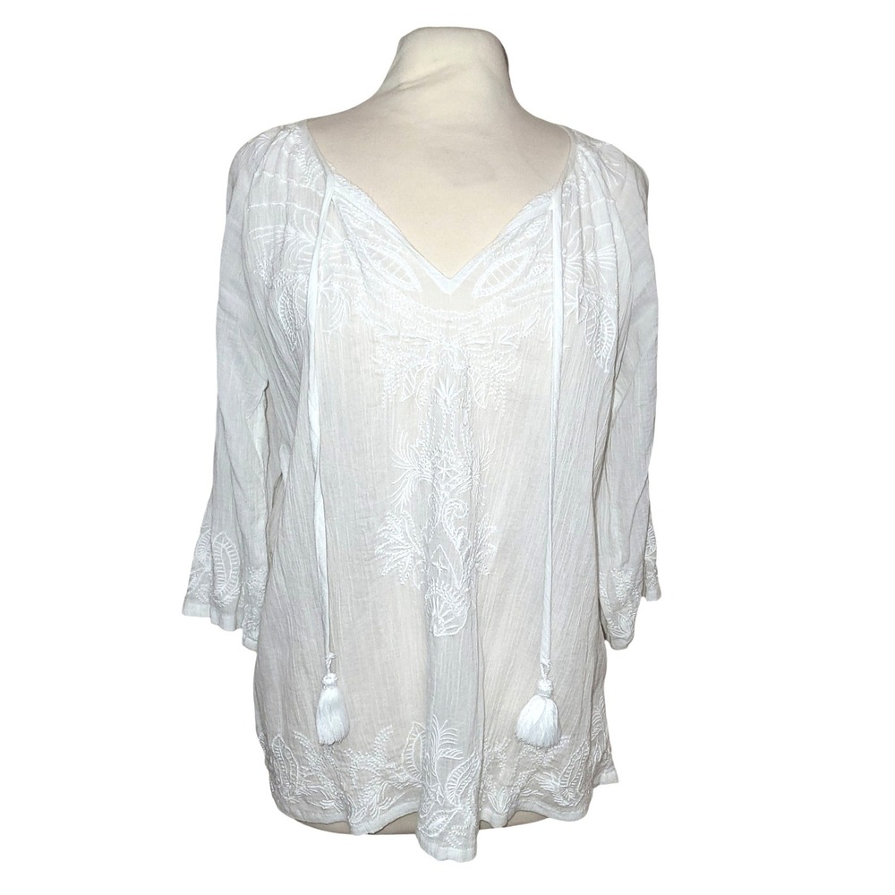 Tommy Bahama White Embroidered Peasant Boho Prairie Resort 3/4 Sleeve Blouse L